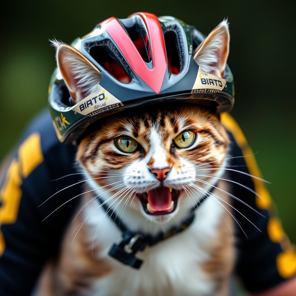 very angry cat with cycling helmet