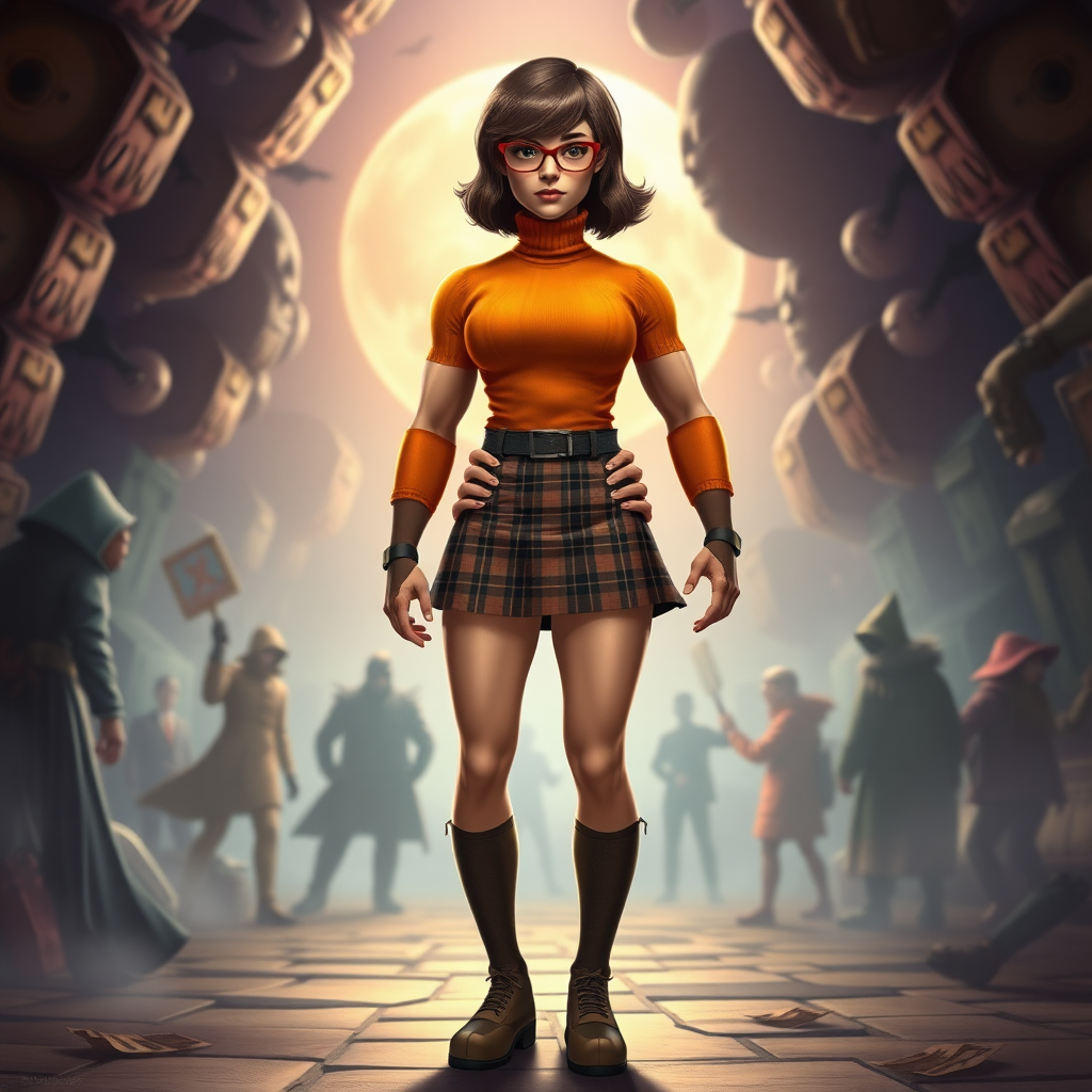 Create a full-length rendered image of a hybrid character inspired by Velma Dinkley, featuring a muscular male superhero body type while keeping the original head and hair intact. Alter the costume to fit the new proportions, incorporating elements like a tight-fitting orange turtleneck, a short plaid skirt adapted for a muscular build, and knee-high socks. The background should reflect the adventurous worlds associated with the character, showcasing a vibrant mystery-setting filled with clues, shadowy figures, or spooky elements, emphasizing an engaging and dynamic atmosphere.