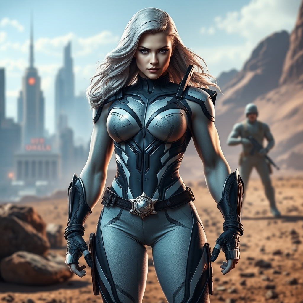 Create a full-length photorealistic image of a hybrid character combining Emma Frost's head, hairstyle, and facial features, while substituting her body for Marcus Fenix's physique. Modify Emma's iconic costume to fit this new muscular body. The background should blend elements representing both characters, incorporating a futuristic cityscape and a barren battlefield, fusing their distinct environments. The lighting should highlight the character's strong presence, emphasizing her confident stance. Aim for a dynamic composition that showcases the unique attributes of both characters while maintaining a cohesive look.