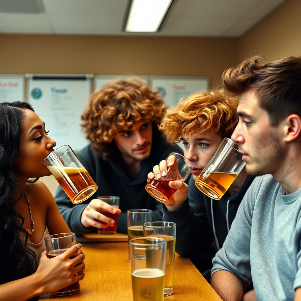 A black woman with wavy hair, a curly red-headed guy, a brown-haired guy, a non-binary person all drinking together in a classroom at school.