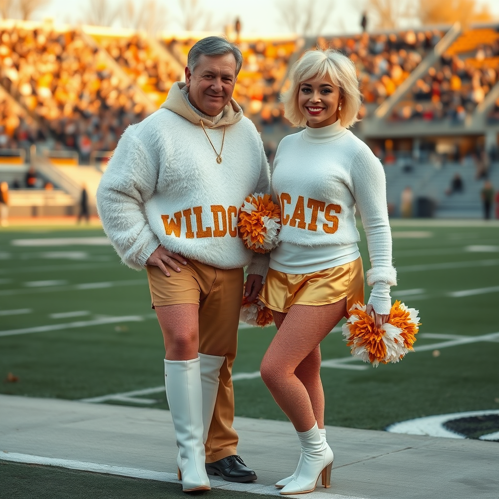 Sunny cold fall noon, college football stadium game, cheerleaders leader squat: Ana, European 17 years old very convincing femboy “QB’s trophy-bimbo”, tamed servile docile, very beautiful feminine flawless face, rather short boyish figure, platinum blond short tight curls, bold red lips, heavily made-up face, fluffy very fuzzy bright white plushy hazy thick angora turtleneck-sweater with “gold “WILDCATS” letters, vinyl gold short shorts, mesh pantyhose, white vinyl thigh-high boots with golden heels, large gold-white pompoms, pearl earrings, standing, shoulders slightly arched back to present her assets, posing for photo with Hank: older tall overweight male football coach, wearing college football coach outfit, triumphant smile, nimbly patting Ana.