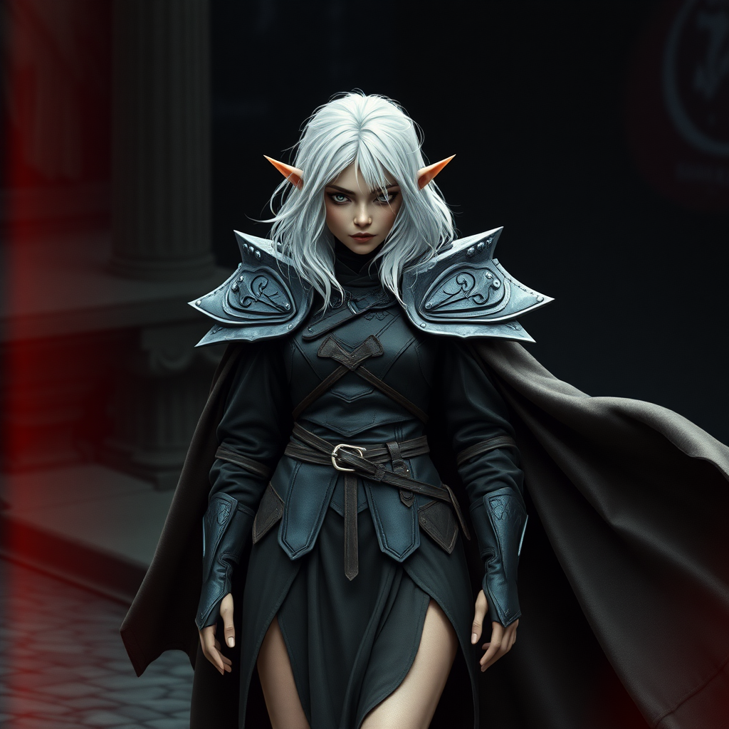 A twenty-something elf girl like (Ana de Armas). Messy shoulder-length white hair. Wide triangular shoulder pads, flowing cloak, leather armor, skirt, high heel ankle boots. WLOP style. Photorealistic digital matte painting, highly detailed, film grain, lens flare, chromatic aberration.