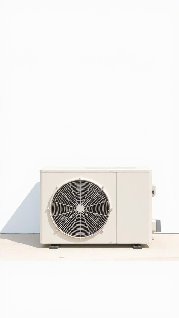 A simple, high-resolution, realistic photo of a standard residential outdoor air conditioning unit or condenser. The unit should be placed on a flat surface. The unit should be a neutral color. Plain, uncluttered background. No text.