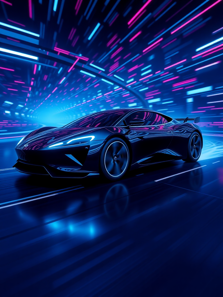 Make a realistic 3D rendering of an electric car racing in cyberspace. Make the background cyber-like and the "electric sparks" give it a sense of speed. Make the overall color dark blue. Make the floor