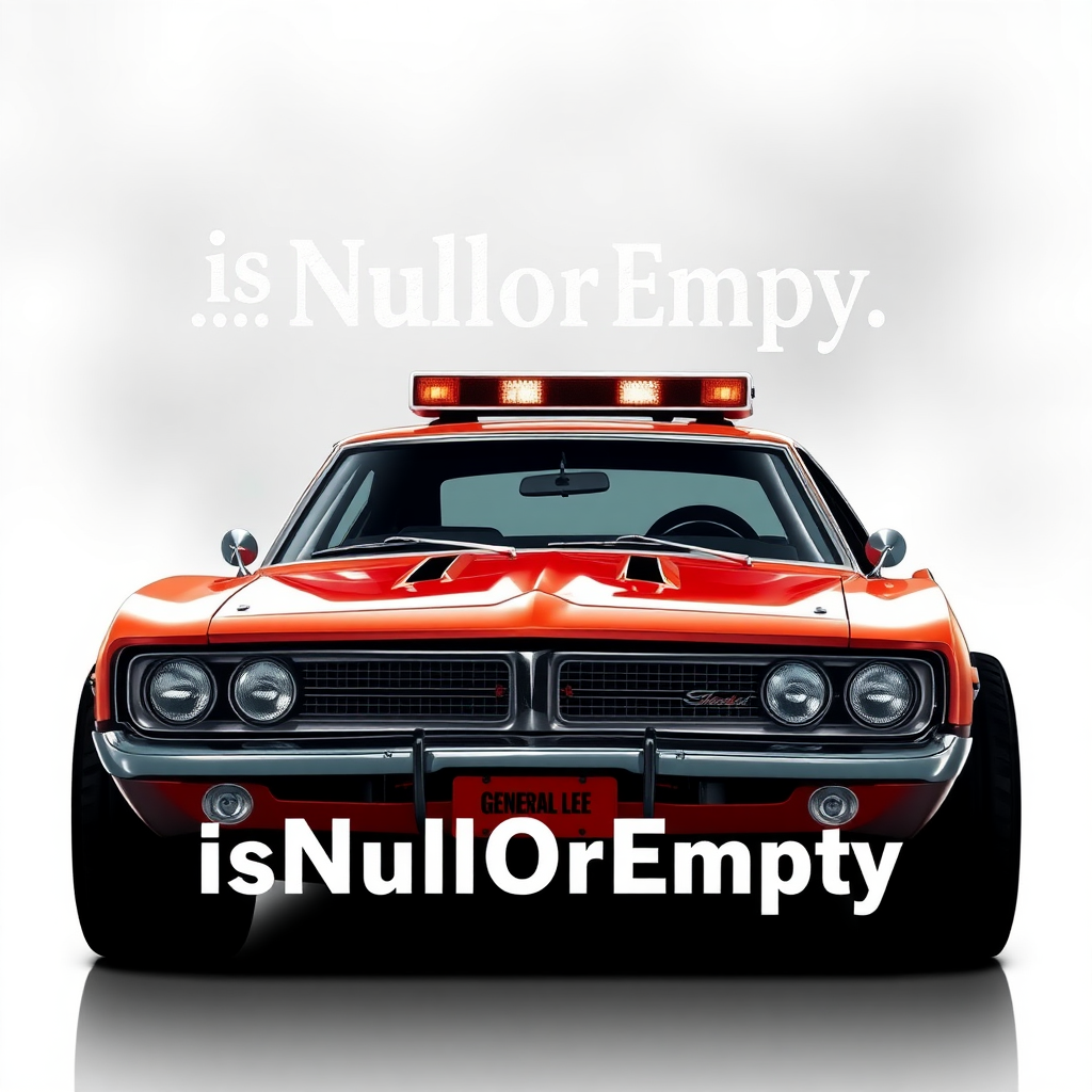 Create an image inspired by the series "hazard" with General Lee, featuring the phrase "isNullOrEmpty."