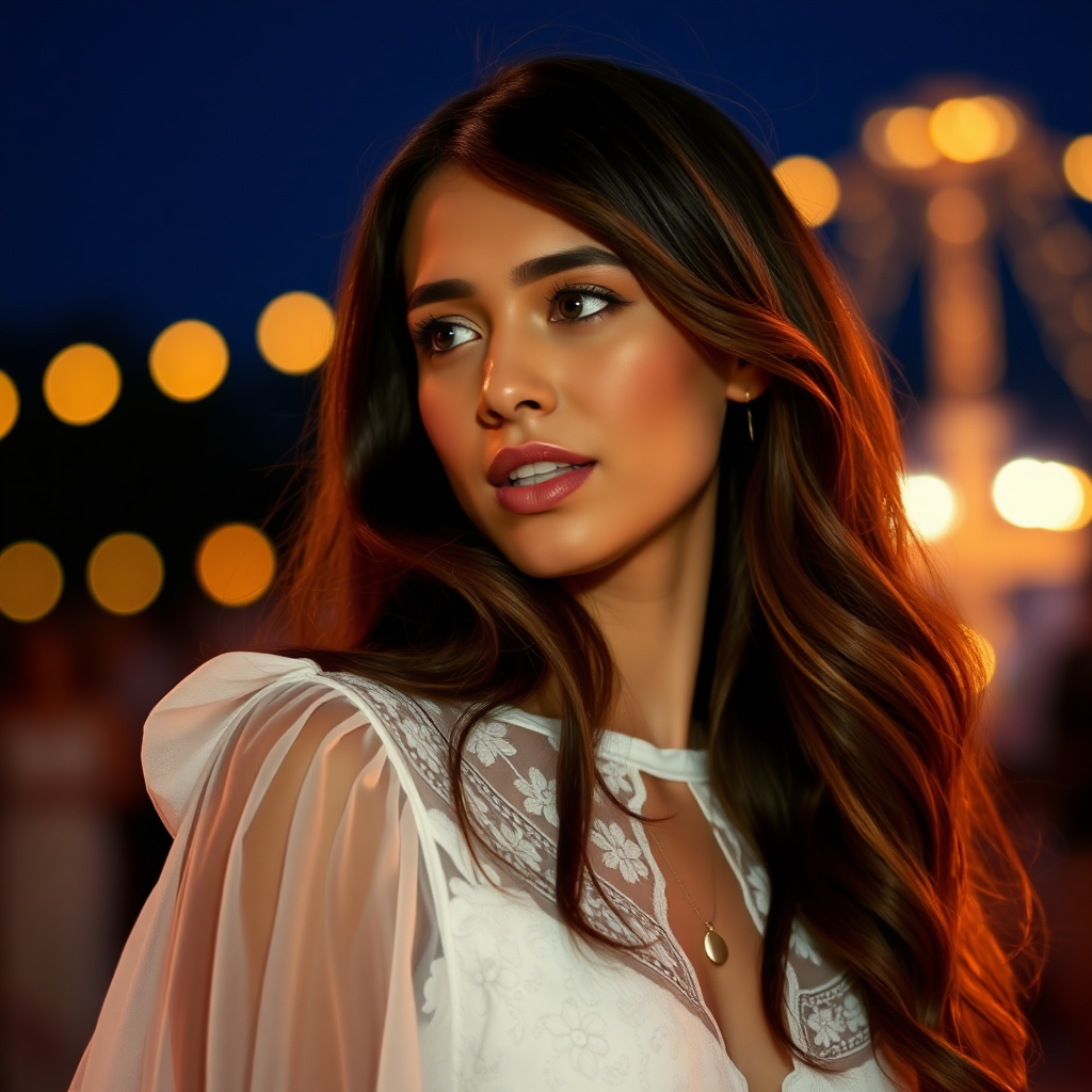 a young woman singing. she is looking like lucy thomas. long brunette hair with highlights, small pale blue eyes. suntanned skin. small lips with pale red lipstick. looking to the side. wearing a long white dress with transparent lace. view from far. night sky in background. photo