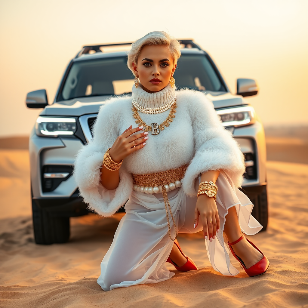 Kuwait desert dunes misty dawn, full size luxury SUV: Melissa, European 17 years old very convincing femboy “trophy-bimbo”, tamed servile docile, very beautiful feminine flawless face, rather short, by hormones very curvaceous womanly figured, platinum blond short tight curls, bold red lips, long white French nails, heavily made-up face, wearing Supertanya-style fluffy very fuzzy bright white angora turtleneck-poncho cropped ending under bust decorated with pearls and glass stones, striking oriental wide gold bridal protection belt, white fully transparent harem pants, bright red pumps with golden very high heels, full Oriental bridal jewelry including headpiece, nose-ring, coin wristlets, coin anklets, striking diamond “Bimbo” letter brooch on left chest, thick heavy pearl wristlets, pearl anklets, pout frustrated, kneeling in sand in front of SUV, looking at camera. Focus on face and turtleneck-poncho.