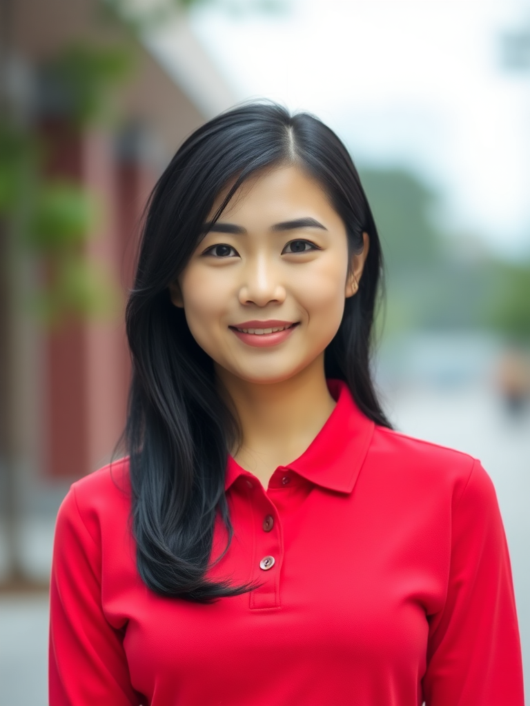 A Asian woman wearing a red long-sleeved polo shirt. full body, front view, looking at viewer.