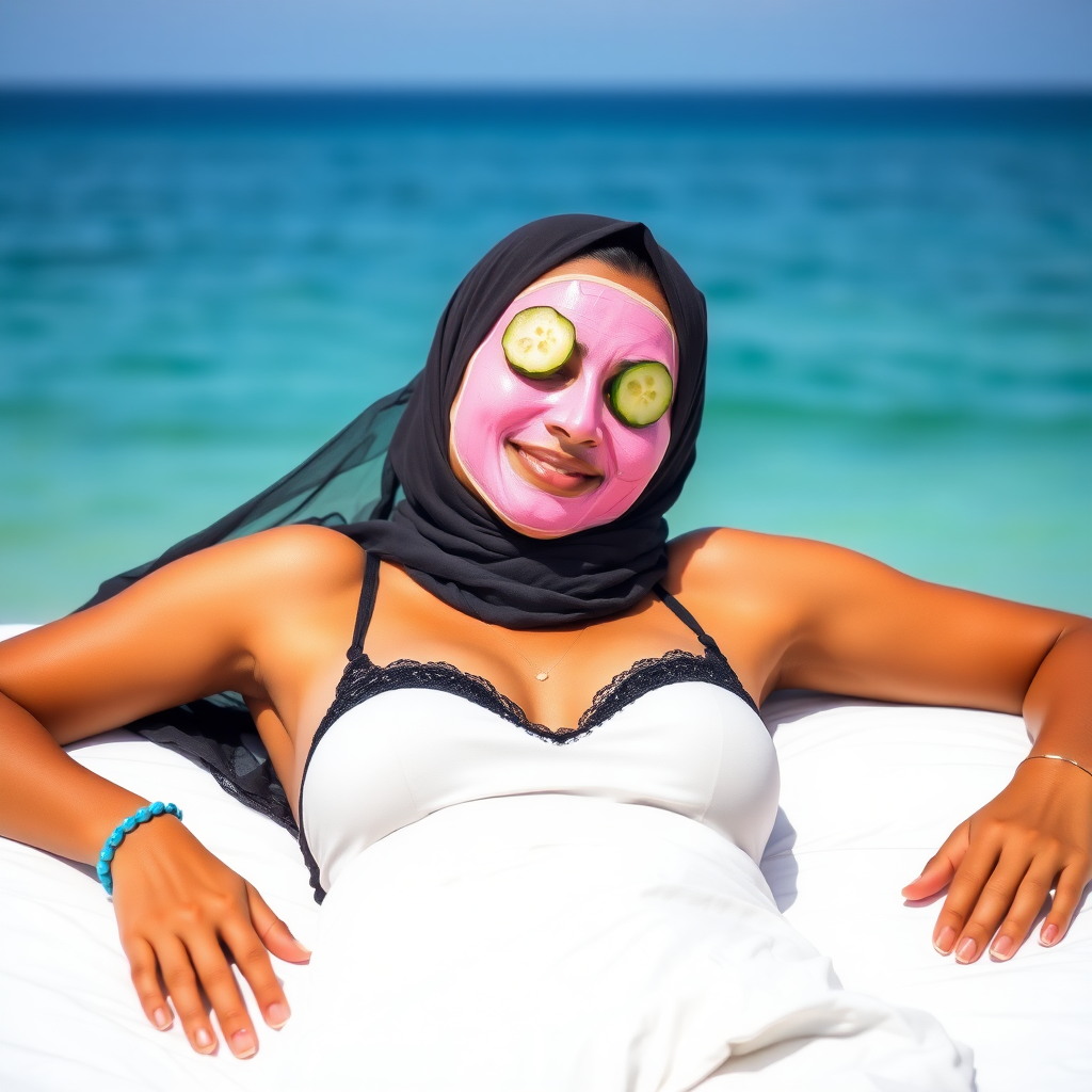 A skinny, traditional, 30 year old Indian wife with hijab, wearing a bra and skirt, lying on a bed facing the sea. Her face is covered with a pink face mask, and her eyes are covered with cucumber slices. She looks satisfied from her facial expression.