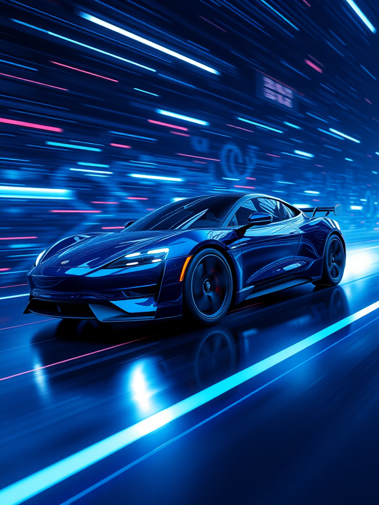 Make a realistic 3D rendering of an electric car racing in cyberspace. Make the background cyber-like and the electric sparks give off a sense of speed. Make the overall color dark blue.