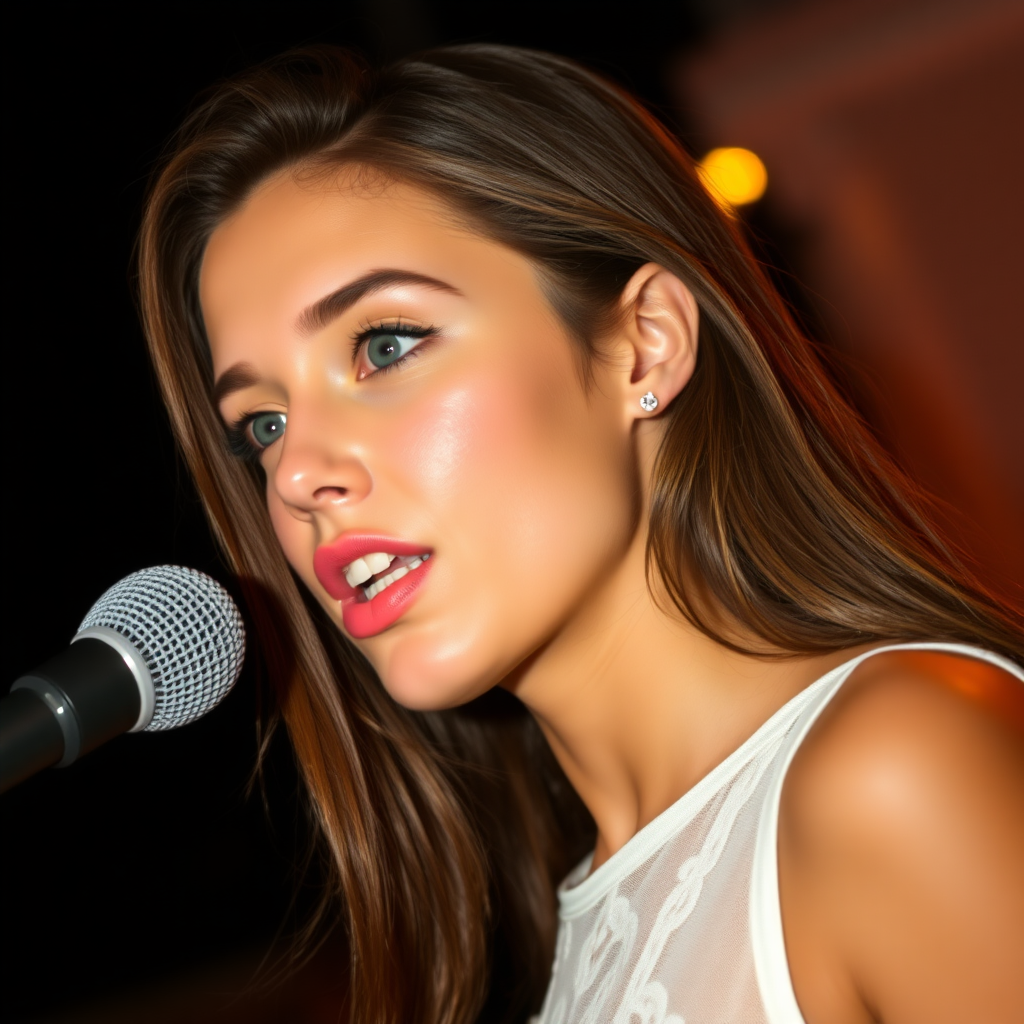 a young woman singing. she is looking like lucy thomas. long brunette hair with highlights, narrow pale blue eyes. suntanned skin. small lips with pale red lipstick. looking to the side. wearing a white dress with transparent lace. view from far. night sky in background. photo