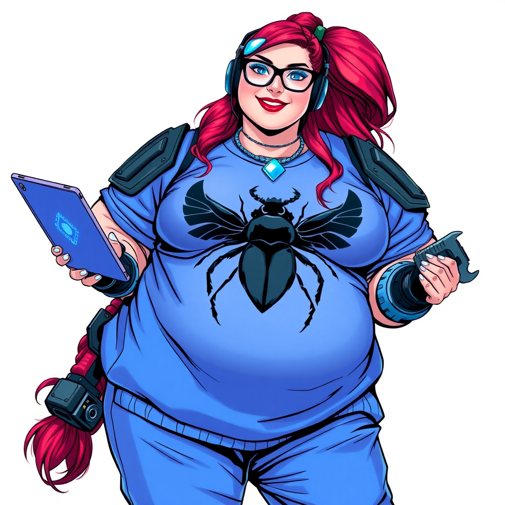 A cyberpunk vigilante’s full-figured intelligent and tech-savvy 29-year-old girlfriend, who is a computer hacker and tech genius. She has a long ruby red ponytail and bright blue eyes. She wears a sapphire beetle gemstone necklace, an armored, oversized, Maximum Blue (RGB 71, 171, 204) t-shirt featuring a giant black chest icon of a winged beetle, and matching Maximum Blue (RGB 71, 171, 204) sweatpants. She has a full-figured physique with a prominent, enormous, well-rounded midsection, reflecting her well-cared-for lifestyle. The midsection is heavily emphasized. She sports a sapphire headset with hi-tech Maximum Blue (RGB 71, 171, 204) lensed HUD visor, Maximum Blue (RGB 71, 171, 204) lipstick, black eyeglasses, and a beaming smile with a passionate bright red blush. Despite her figure and a lack of self-esteem, she radiates an air of beauty. She has an angular face which contributes to her radiant beauty. She serves as his tech expert from his hideout, holding a holographic tablet and a hi-tech tool wrench. The background is solid white. She is drawn as if she was in a retro 2D cyberpunk fighting game. Make sure her outfit covers her enormous midsection.