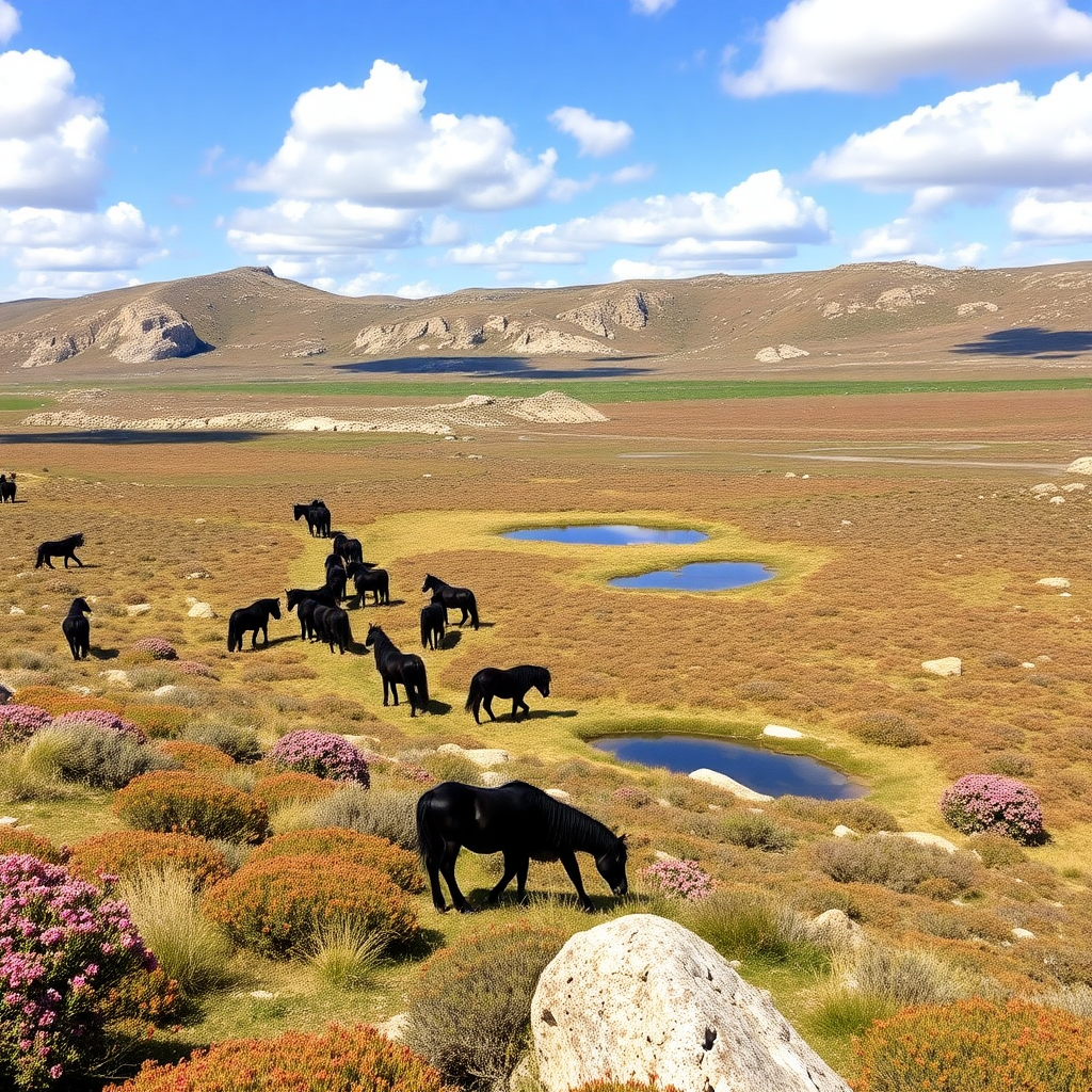 Long plateau with its dark wild ponies and Mediterranean vegetation including rockrose, myrtle, oaks, junipers, with ponds and large rocks and blue sky with white clouds.