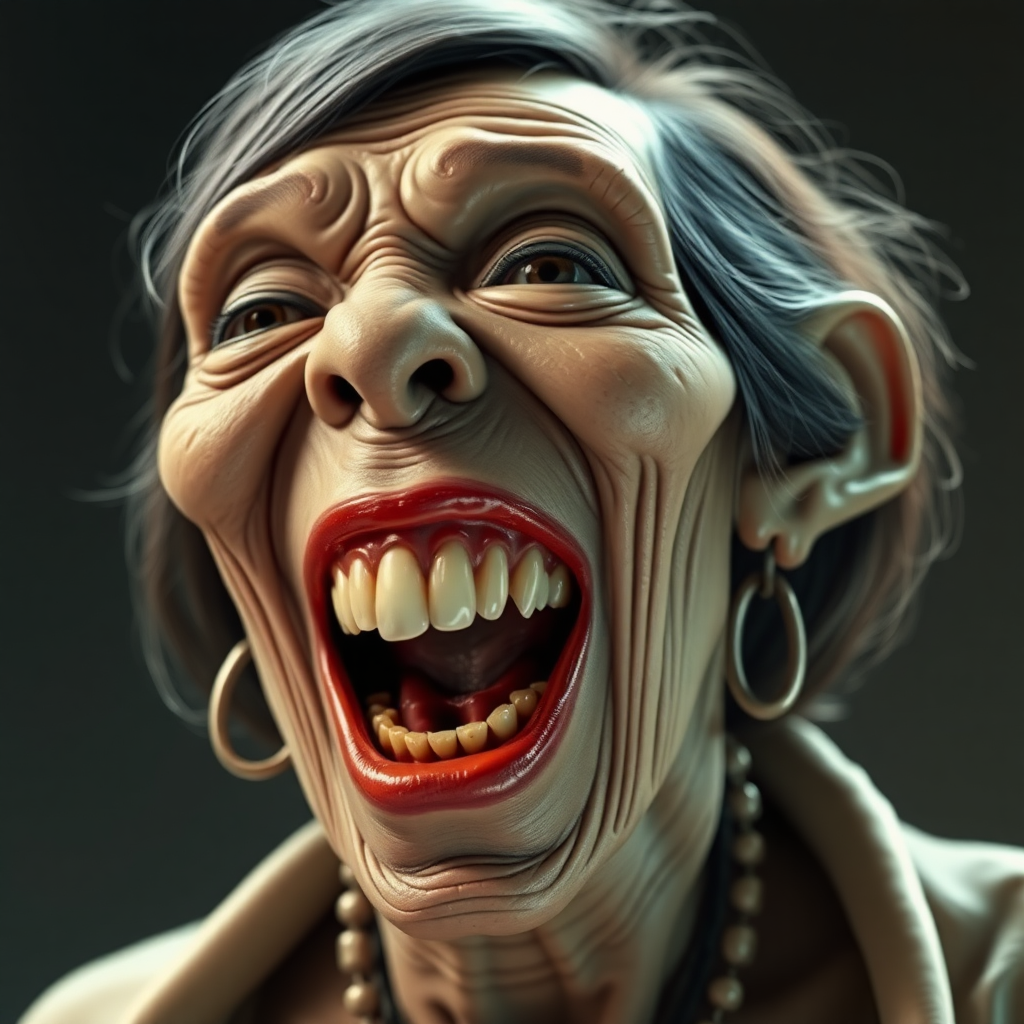 Kamala Harris lookalike old fat ugly female alien laughing with behemoth-size mouth, showing big rotten teeth,