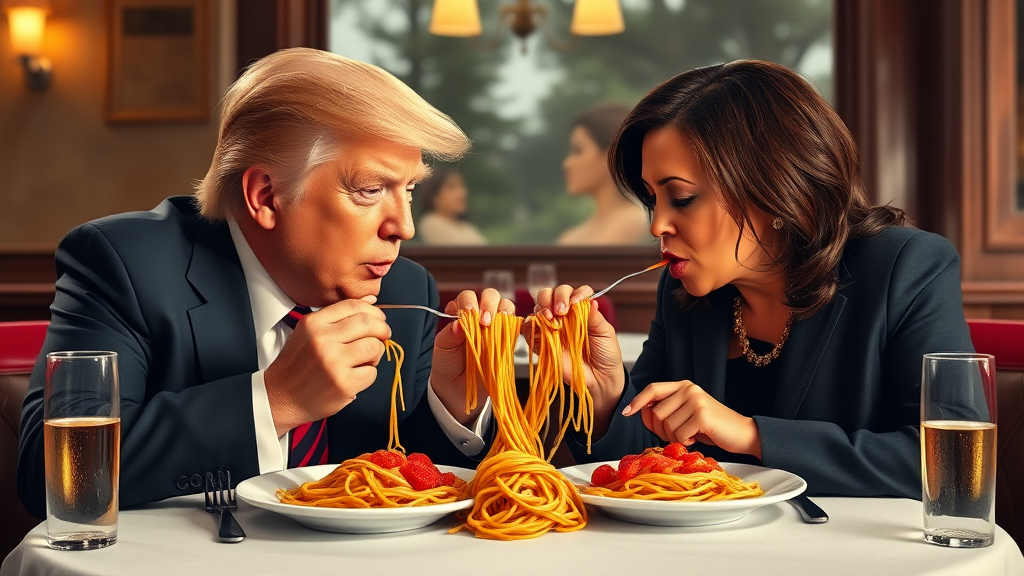 Photoreal style. ratio: 16:9. Donald Trump and Kamala Harris eating in an italian restaurant a la the one in 'Lady and the Tramp. Both humans are eating spaghetti from the same plate, only using their hands, and end up eating the same piece of spaghetti, making their heads meet.