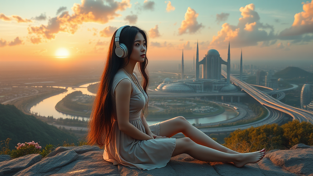 Pretty Asian woman with long hair in a pretty short dress, sitting on the ground with headphones, on an alien planet with an alien city in the background, nice greenery, flowers, rivers, and nice sunrise clouds, highways and streets, ultra realistic view and ultra high cinematic detail.