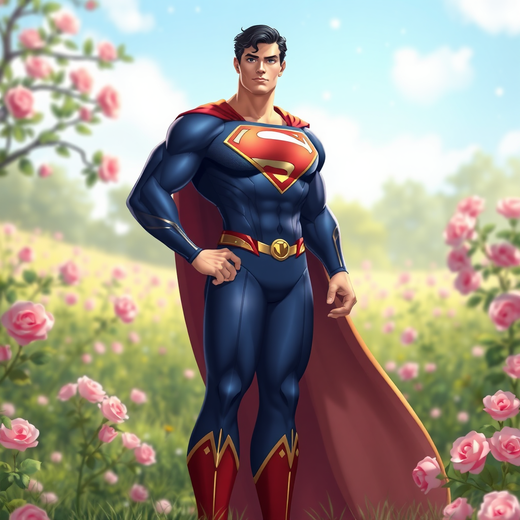 ## Generate a full-length image of a character combining Superman and Princess Aurora:

**Character:** Superman with the body traits of Princess Aurora. Modify body shape, especially emphasizing the torso, but retain Superman's classic costume. Incorporate embellishments and elements from Princess Aurora's clothing, like a flowing cape or golden accents.

**Background:** An idyllic meadow with blooming roses, drawing inspiration from Princess Aurora's forest home.

**Note:** Keep the overall image bright and vibrant, maintaining a heroic and inspiring tone.