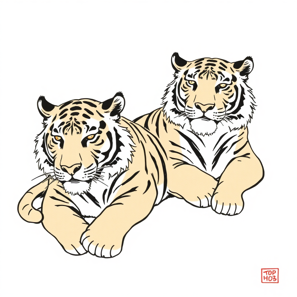 two tigers lying down but awake drawn in a stylized thai style with a small number of simple ink strokes