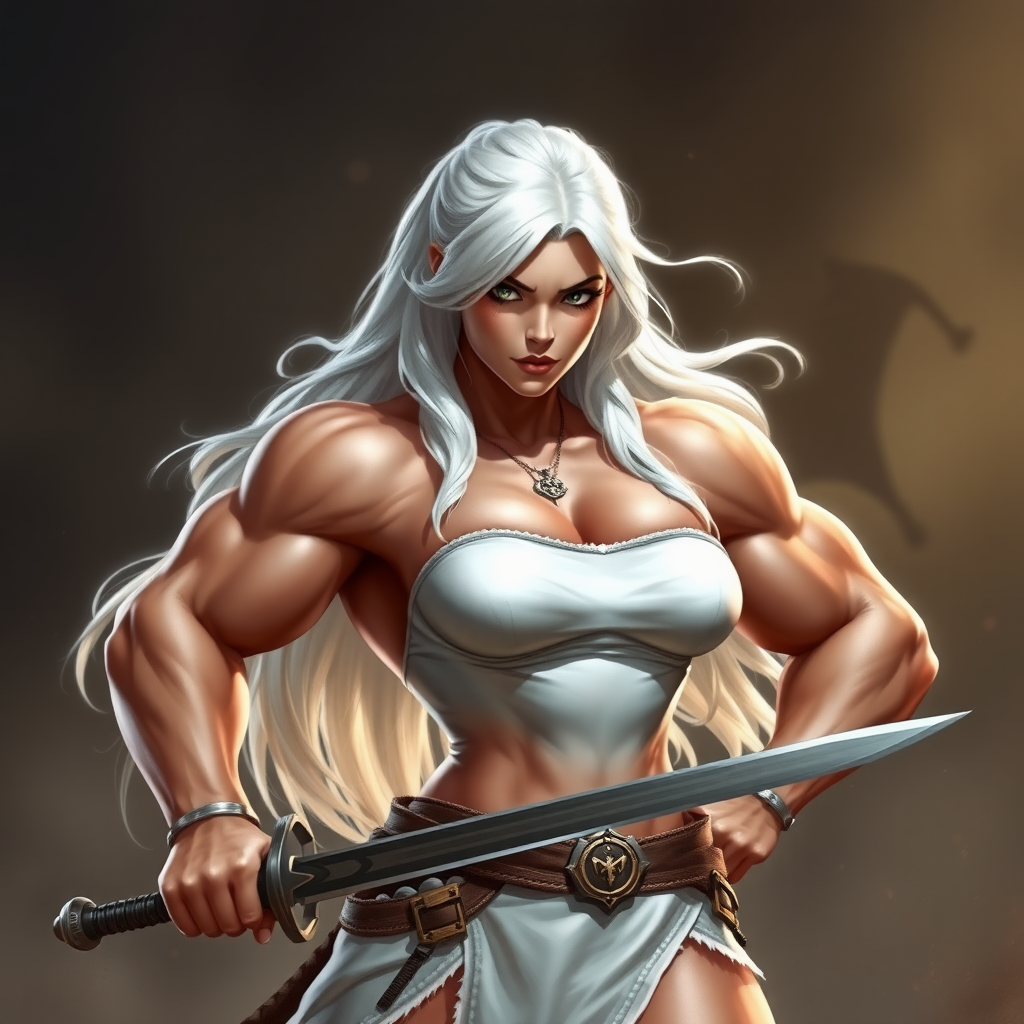 massive huge muscular jacked strong bodybuilder girl, white strapless dress, warrior princess, white hair, sword