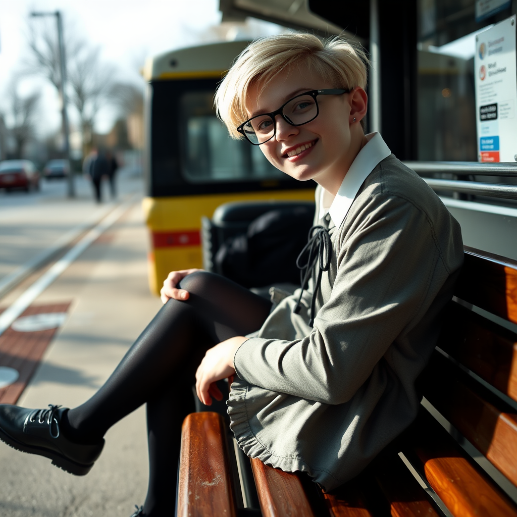 photorealistic, ultra high resolution, 16K, surreal fantasy, soft studio lighting, a pretty 18 year old goth male, slim male physique, short blonde hair, black glasses, goth makeup, earrings, shiny black pantyhose, UK girls-school uniform, Mary-Jane shoes, sitting on his boyfriend's lap on a bench waiting for the school bus, in daylight, excited smile, facing the camera.