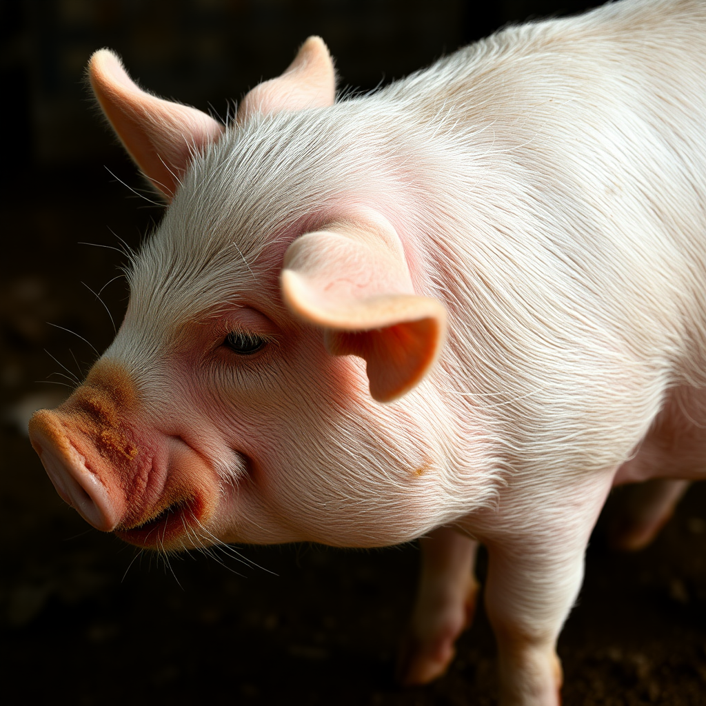 An adult slaughter pig without hair and bristles from the side.