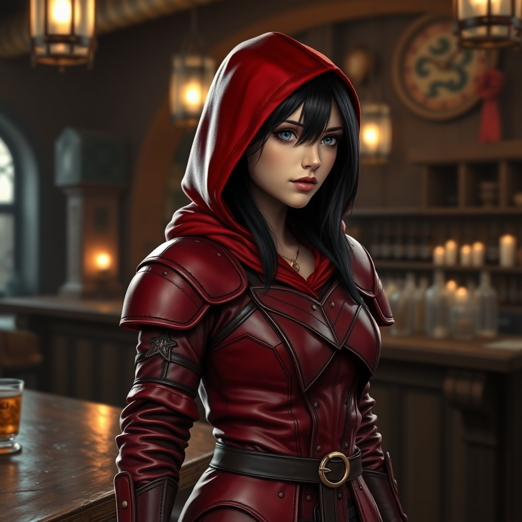 A photo realistic girl with black hair in red leather armor and a red hood standing at the bar in a medieval tavern.