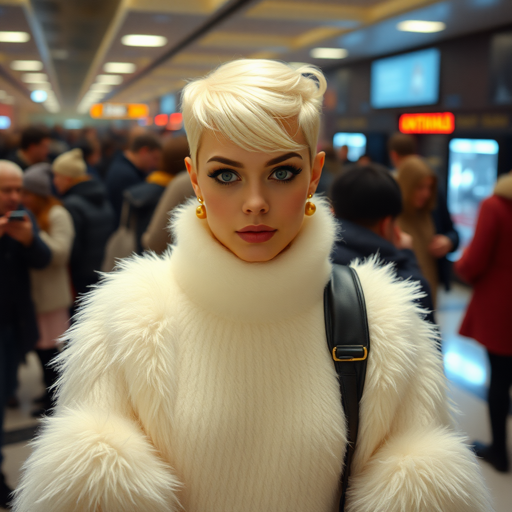 1990 winter evening, crowded cinema lobby: Sam, 19 years old beautiful involuntary femboy, rebellious intractable character, petite boyish figure, platinum blond boyish rebel punk hairstyle, flawless heavily made-up face with sharp arched tattooed eyebrows, wearing Supertanya-style fluffy very fuzzy bright white angora long turtleneck-poncho fully covering body and arms, black leather high-heeled thigh-high boots, gold earrings, puzzled alarmed, pout serious, impatiently waiting for her master. Focus on Sam’s face and turtleneck-poncho.