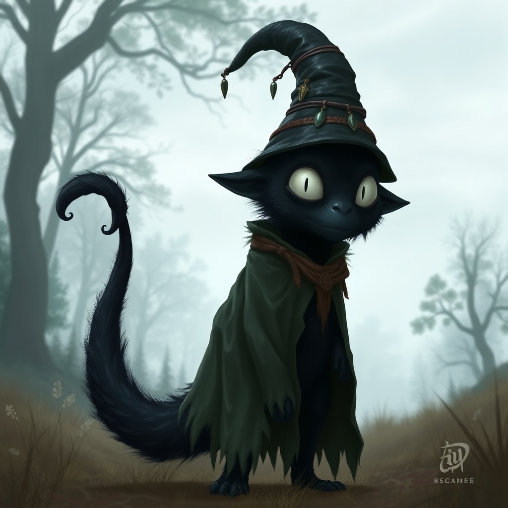 In the middle of the clearing is a dark creature with black fur, a long black tail, and big black ears. He wears a tattered sage green cloak that's way too big for him, and a brown sachal over his shoulder. He has a cacky colored tall pointed hat that leans to one side and bends in the middle and has a few trinkets strung to it. The creature doesn't have any facial features aside from 2 impossibly wide, snow white eyes that takes up most of his face, and glow a pure white.