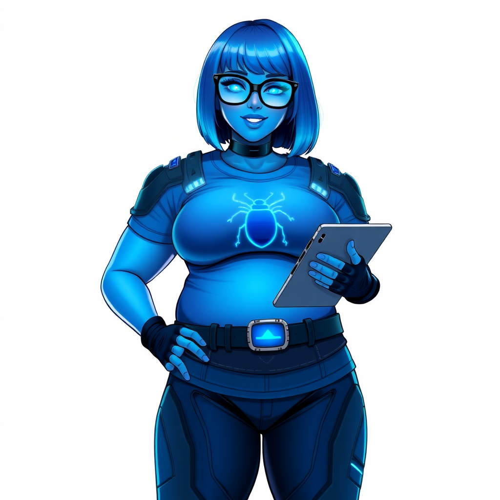 A 28-year-old, full-figured, metallic maximum blue (5PB 5/10) skinned computer program hybrid with a maximum blue bob cut. She has a non-athletic build, highlighted by a prominent, round, large midsection (with emphasis on her belly), which shows the effects of her love of junk food acquired from her boyfriend. As the full-figured, nerdy, digital sidekick to her cyberpunk vigilante boyfriend, her metallic maximum blue skin and maximum blue lipstick (5PB 5/12) emphasize her digital nature. Her skin has a subtle, animated glow, with digital patterns occasionally flickering across it, making her digital nature obvious. She wears a digital, computerized superhero costume, consisting of a massive, tight-fitting, maximum blue t-shirt (5PB 5/12) with a neon blue glowing chest icon of a beetle, hi-tech shoulder pads with neon blue accents, a black hi-tech belt with a digital neon blue glowing buckle, digital maximum blue biker pants (5PB 5/12) with neon blue accents, and black hi-tech fingerless biker gloves with neon blue glowing accents. Her neon blue glowing eyes, black eyeglasses with neon blue glowing lenses equipped with a built-in HUD, and bashful smile with neon red blush accentuate her nerdiness.

She stands with a shy, slightly hunched posture, one hand nervously adjusting her glasses while the other clutches a digital tablet close to her chest. Her pose reflects her intellectual curiosity and slight social awkwardness, much like Sci-Twi. Her costume covers all her skin and emphasizes her full-figured physique (especially her belly). Despite her build, she radiates beauty. She has a slim face compared to her physique, accentuating her radiant beauty. She is on a solid white background. She is drawn as if she were in a retro 2D cyberpunk fighting game.