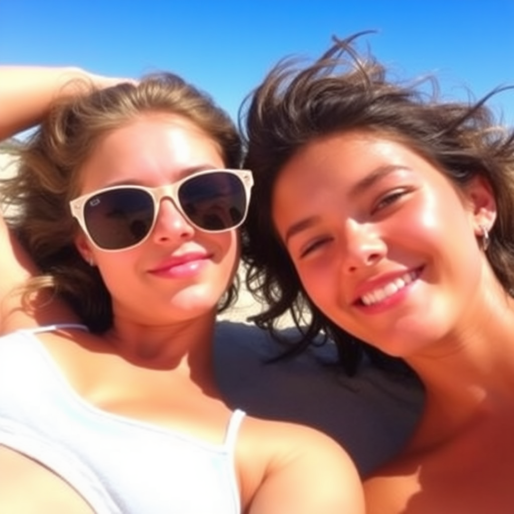 Two 20-year-old women are lying on the beach. One is wearing sunglasses. The sun is shining.