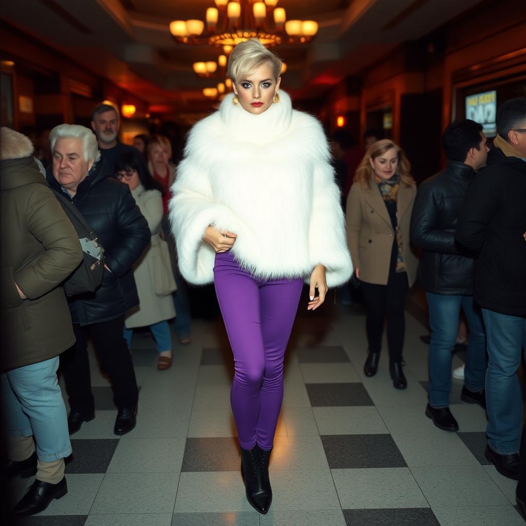 1990 winter evening, crowded cinema lobby: Sam, 19 years old beautiful involuntary femboy, rebellious intractable character, petite boyish figure, platinum blond boyish rebel punk hairstyle, flawless heavily made-up face with sharp arched tattooed eyebrows, wearing Supertanya-style fluffy very fuzzy bright white angora thigh-length turtleneck-poncho fully covering body and arms, purple stretch pants, black leather high-heeled pumps, gold earrings, puzzled alarmed, pout serious, impatiently waiting for her master. Full view of scene.