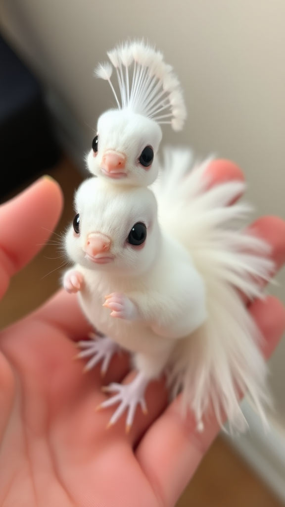 A small tiny cute chubby big eyes big perfect tail real white dancing peacock with tail on hand