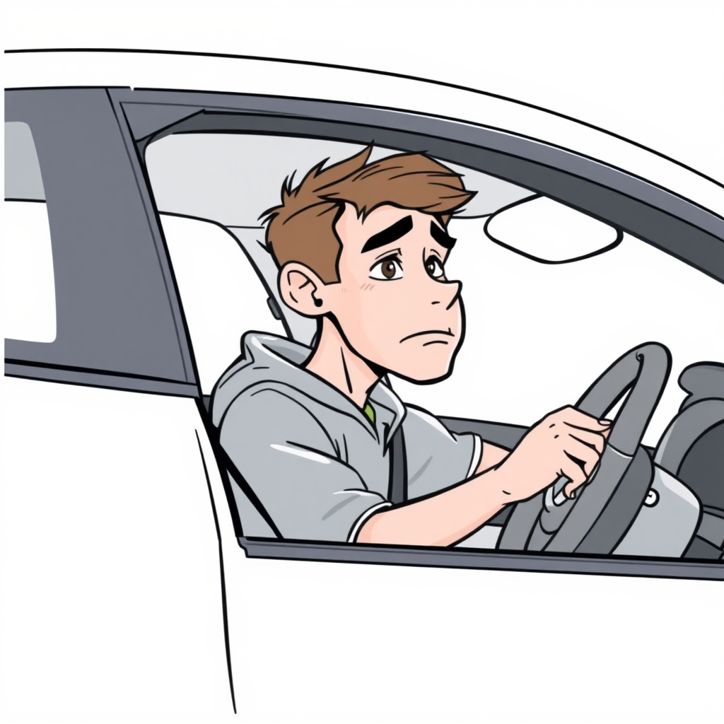 short, uneased, sweating, 17 year old european boy, detailed features, sitting inside a white VW Polo V long establishing shot, 2D, caricature, cartoon, Sketch lines, coloring book, coloring book style on white background, well composed, clean coloring book page, No dither, no gradient, strong outline, No fill, No solids, vector illustration, side view, vector illustration, movement lines