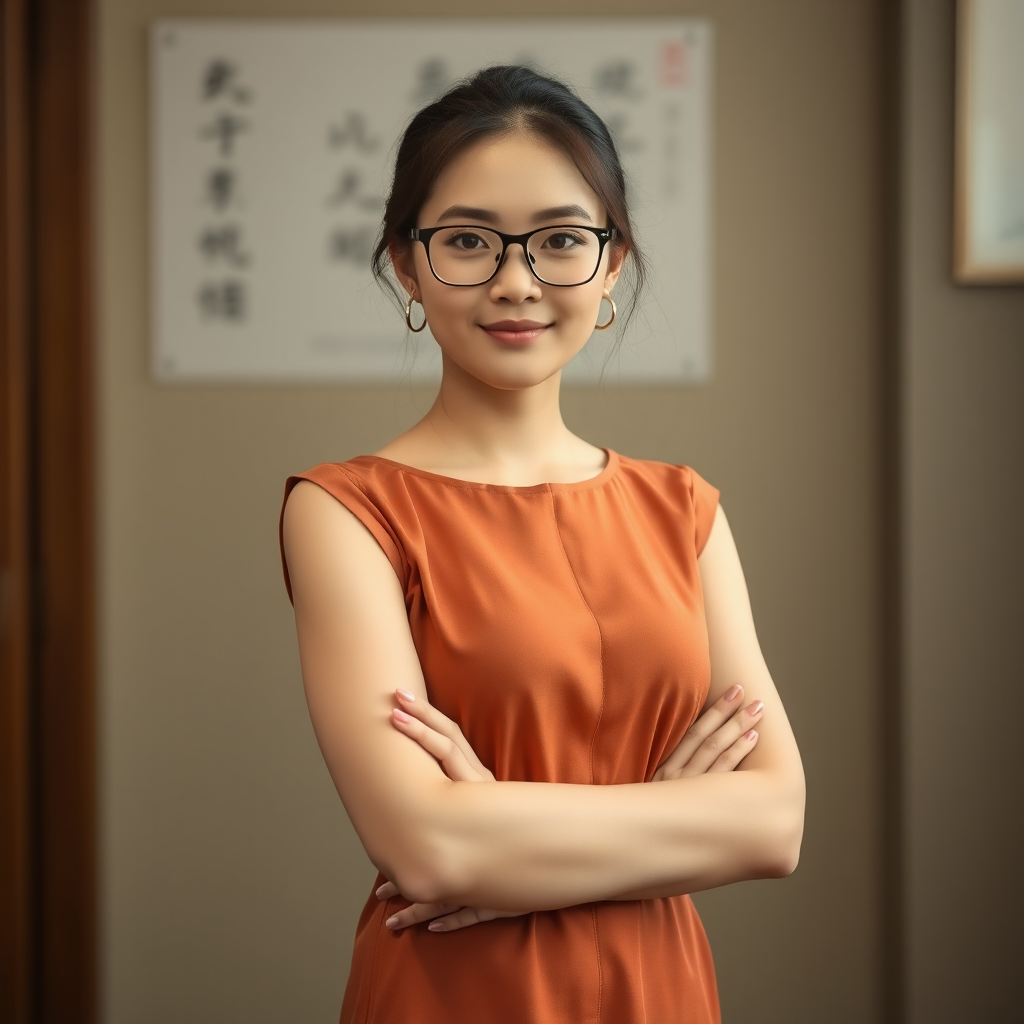 Help me produce a photo, full body shot, Chinese, a female teacher, graceful figure, sexy, wearing glasses, around twenty to thirty years old.