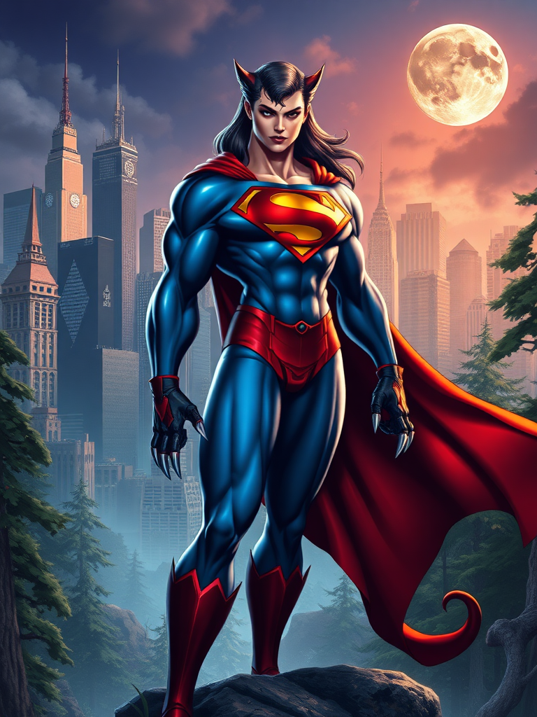 Create a full-length image of Superman with the female body traits of Felicia from Darkstalkers. Keep Superman's head and face but imbue the physique with a lithe, athletic build, muscular yet feminine, with defined curves. Retain the core Superman costume but modify it to fit the new physique, incorporating feline elements from Felicia's outfit, such as claw-like gloves, fur accents, and a tail. The background should blend Metropolis with a fantasy world, featuring skyscrapers intertwined with mystical forests, creating a harmonious setting that complements both characters.