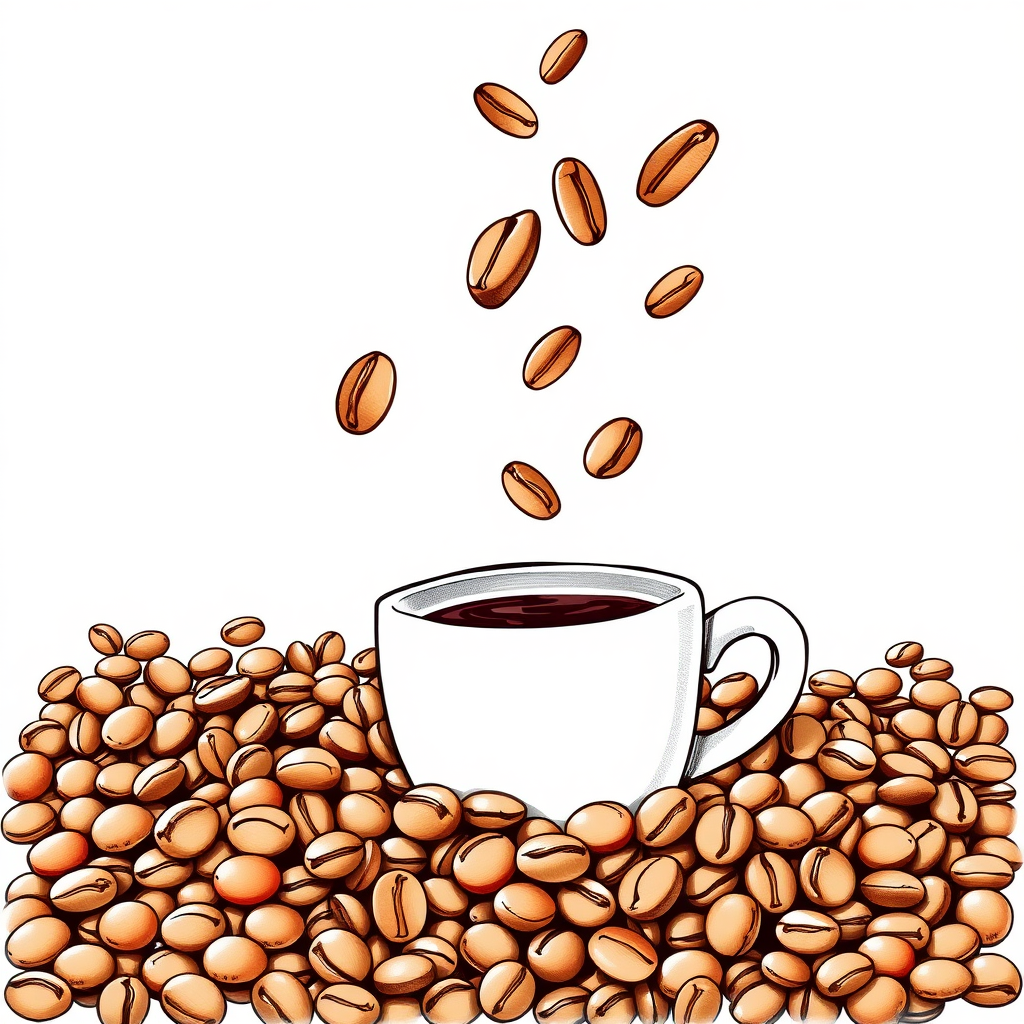 Draw it in realistic form, like an advertisement photo. Draw a delicious image of coffee beans. Draw coffee beans falling from above and coffee beans piled up below.