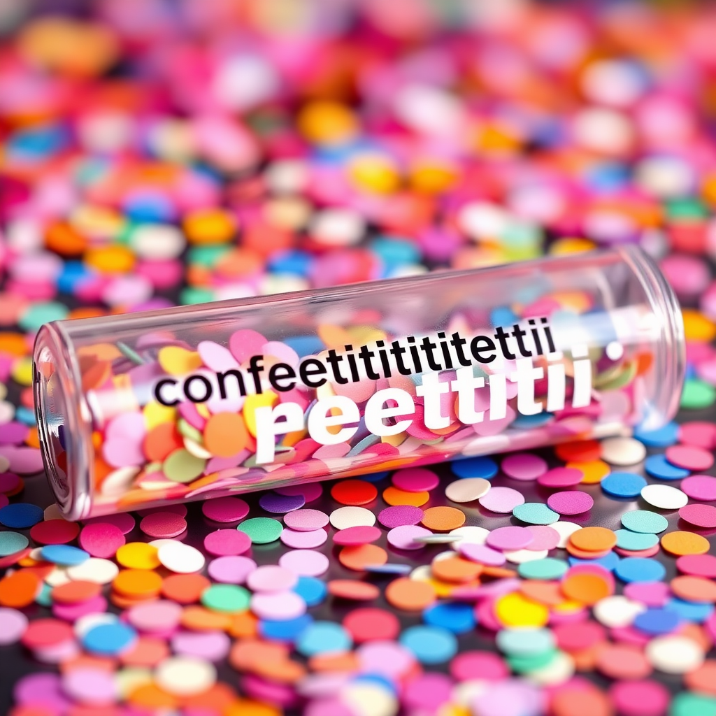 A photo of a glass fat transparent plain uniform confetti popper tube with colorful confetti inside and with text "confeettittititfeettititii" on it, lying flat at an angle, with confetti around it, distant confetti blurred, white bold text with a black border, reflections on the tube glass, tube closed from both ends