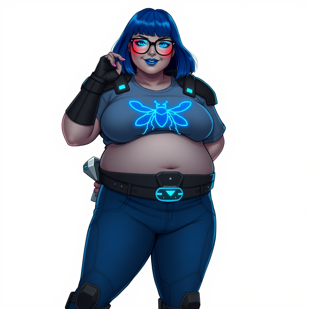 A 28-year-old, full-figured, metallic middle gray skinned computer program hybrid with a maximum blue bob cut. She has a non-athletic, full-figured build, highlighted by a prominent, round, large midsection (with full emphasis on her large belly). As the full-figured, nerdy, digital sidekick to her cyberpunk vigilante boyfriend, her middle gray metallic skin and maximum blue lipstick emphasize her digital nature. She wears a digital, computerized costume inspired by DC’s Carrie Kelly Robin, consisting of a huge, tight-fitting, maximum blue t-shirt with a neon blue glowing chest icon of a beetle, hi-tech shoulder pads with neon blue accents, a black hi-tech belt with a digital neon blue glowing buckle, digital maximum blue pants with neon blue accents, and black hi-tech fingerless biker gloves with neon blue glowing accents. Her bright blue eyes, black eyeglasses with glowing neon blue lenses with a built-in HUD, and shy smile with neon red blush accentuate her nerdiness. She stands bashfully with one hand behind her back and the other hand gently touching her cheek, her costume covering all her skin and emphasizing her full-figured physique (especially her belly). She is clearly non-athletic, with a heavy focus on her large belly. Despite her build, she radiates beauty. She has a slim face compared to her physique, accentuating her radiant beauty. She is on a solid white background. She is drawn as if she were in a retro 2D cyberpunk fighting game. Her full figure is on full display and fully emphasized.