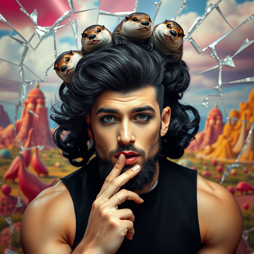 The background is a broken glass with red, blue, yellow and white. A 4K hyper-realistic photograph in the style of retrofuturista, blending surrealism with kitsch. The subject is a man with an extravagant, curly black haircut, styled in a flamboyant bun, paired with a sexy, masculine look. He sports a neatly groomed, three-day beard — short, evenly distributed, with a light shadow effect across the chin, jawline, and cheeks. His makeup is dramatic, like a drag queen, adding to the boldness of his appearance. He has a muscular, athletic build. A pin-up man in a seductive pose, he is wearing an extravagant Dior dress. His expression is playful and provocative, with a finger delicately resting on his mouth, adding a touch of mystery. The background is a surreal landscape with vibrant colors and kitsch elements that contrast with his figure. Otters play atop his head.