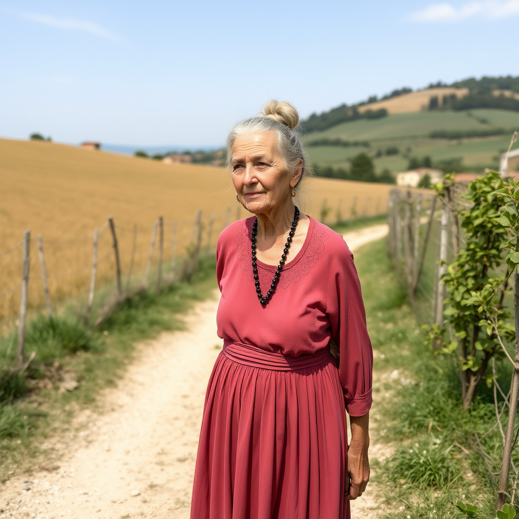 Elderly woman in a long dress in the Veneto countryside, hair tied up