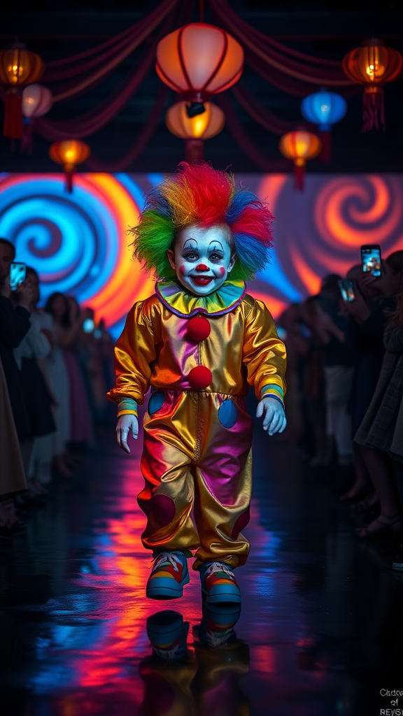 Create an eerie yet captivating scene featuring a small, 7 month old child-like clown walking confidently down a dark runway, surrounded by spectators. The clown wears a brightly colored, rainbow wig that contrasts sharply with its pale, white painted face. The face has exaggerated, creepy makeup with thick red lips, black eyebrows, and large red circles on the cheeks. The clown is dressed in a shiny, iridescent jumpsuit with vibrant rainbow patterns, slightly oversized and reflecting the soft glow of the stage lights.

The background features swirling, abstract light patterns in blue, orange, and yellow hues, creating a surreal and unsettling atmosphere. The audience, dimly lit on either side, holds up their phones and cameras to capture the moment, but their faces are mostly obscured in the shadow, adding to the mysterious mood. Overhead, several more colorful lights and hanging decorations give a circus-like vibe, but the overall tone is more eerie than playful. The ground is wet, reflecting the lights above, creating a sense of depth and texture, adding to the haunting atmosphere.