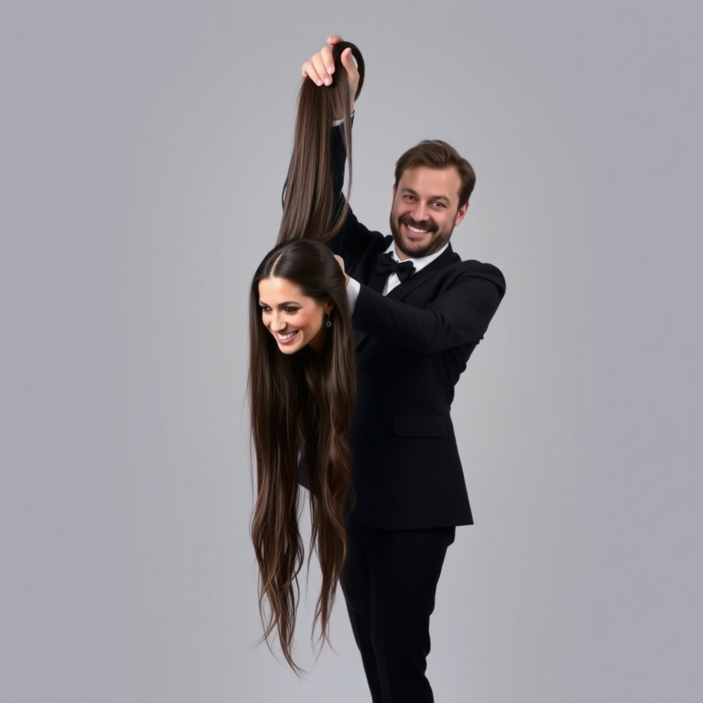 A surreal image of a smiling male magician standing to the side while holding up the disembodied head of a very long haired Meghan Markle by her hair to display it to the camera. He is grabbing her very long hair and pulling it up high in the air, while her head is hanging by her hair from his grasp. Plain gray background.