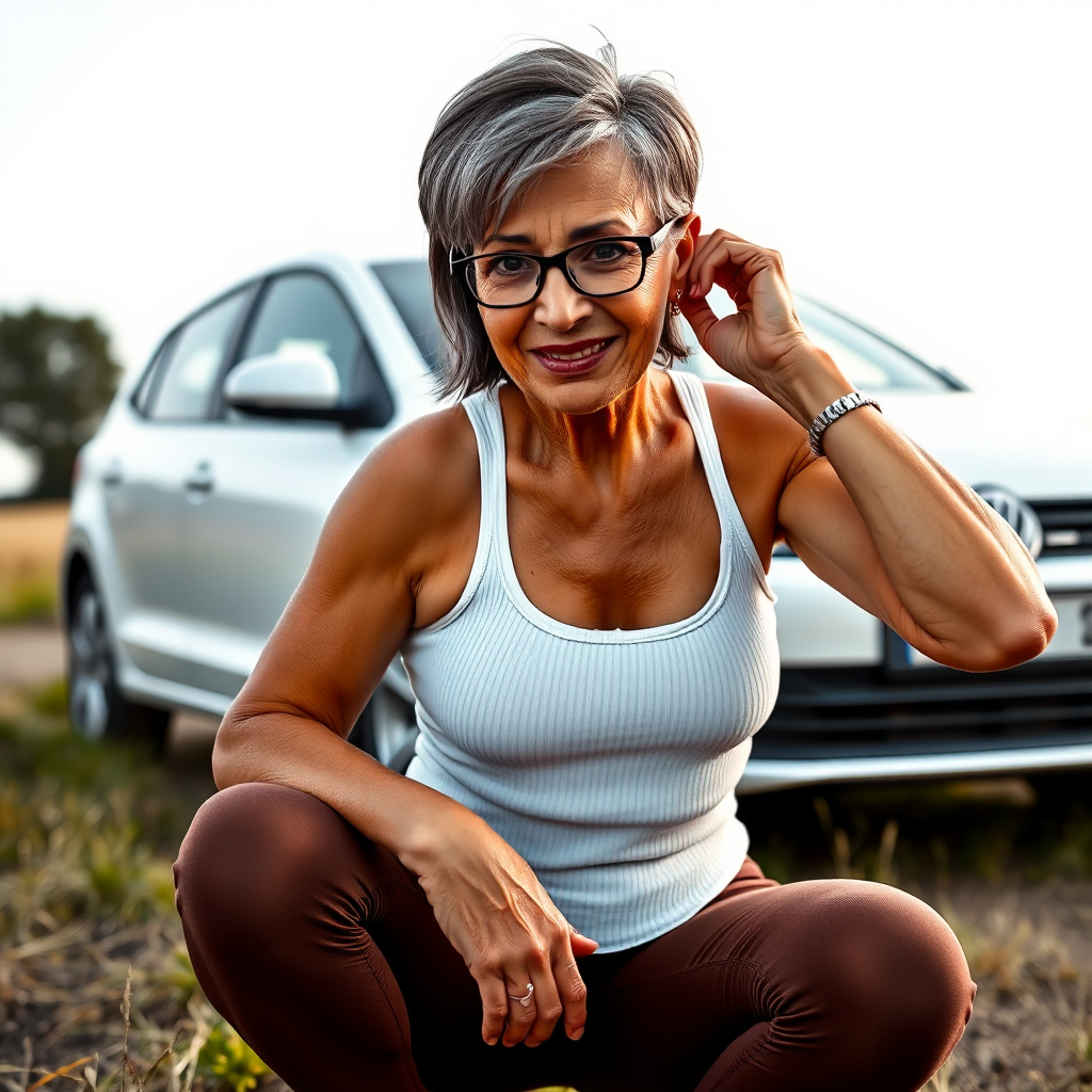 sexy Woman, 45 Years old, European, Latina, sharp aquiline nose, wrinkles, high cheekbones, Middle Eastern, Skinny, Tanned skin, Dark light skin, Makeup, Serious face, frowning, smiling, jewelry, Ash dark grey hair, bowl haircut, Slicked short hair, Short hair, black eye color, Glasses, detailed features, pulling up her tight short white sheer open tank top, bra line, brown tight leggings, panty line, long legs, heart shaped round ass, squatting in the countryside near a white VW polo V, full body, long establishing shot, side back view, looking at camera