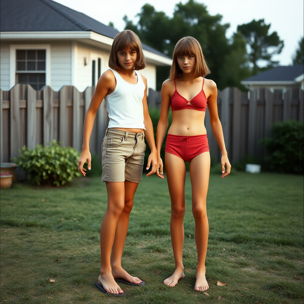 two tall 14yo teen boys, long hair bob cut, wearing crop tank top and very tight dolphin shorts, long legs, narrow thighs, full-length front view. 1970s. Playing at backyard. photorealistic, ultra high resolution, 16K, Negative: grainy, blurry, bad anatomy, extra limbs, watermark.