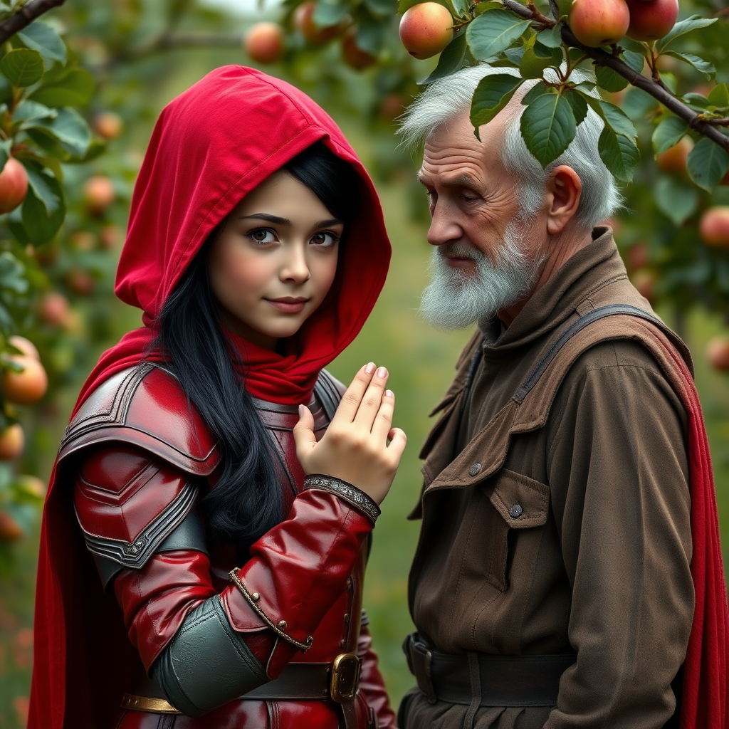 A photo realistic girl with black hair and brown eyes in red leather armor and a red hood showing a gold ring to an old man in dirty work clothes while standing in an apple tree orchard.