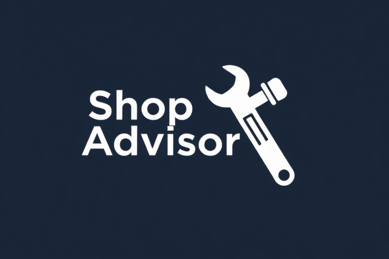 A logo for shop repair software called "Shop Advisor AI", with a wrench or pneumatic gun element incorporated.