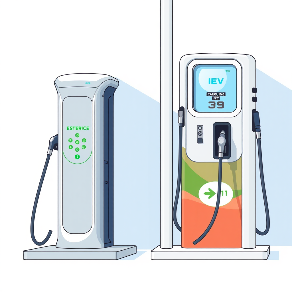 Create a digital illustration with two distinct sections. On the left side, depict a modern electric vehicle (EV) charging station with a sleek, futuristic design. Include details such as the charging port, status indicators, and any relevant branding or signage.

On the right side of the illustration, contrast the EV charger with a traditional gasoline fuel pump. The gas pump should have a classic, utilitarian design with visible branding, nozzle, and other typical features.

The overall composition should highlight the juxtaposition between the emerging EV charging infrastructure and the legacy fossil fuel-based transportation system. Use a clean, minimalist style with a color palette that emphasizes the technological and environmental differences between the two energy sources.