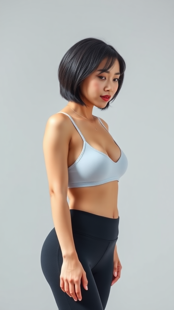 A beautiful Chinese woman, short hair, full figure, small chest, yoga pants.