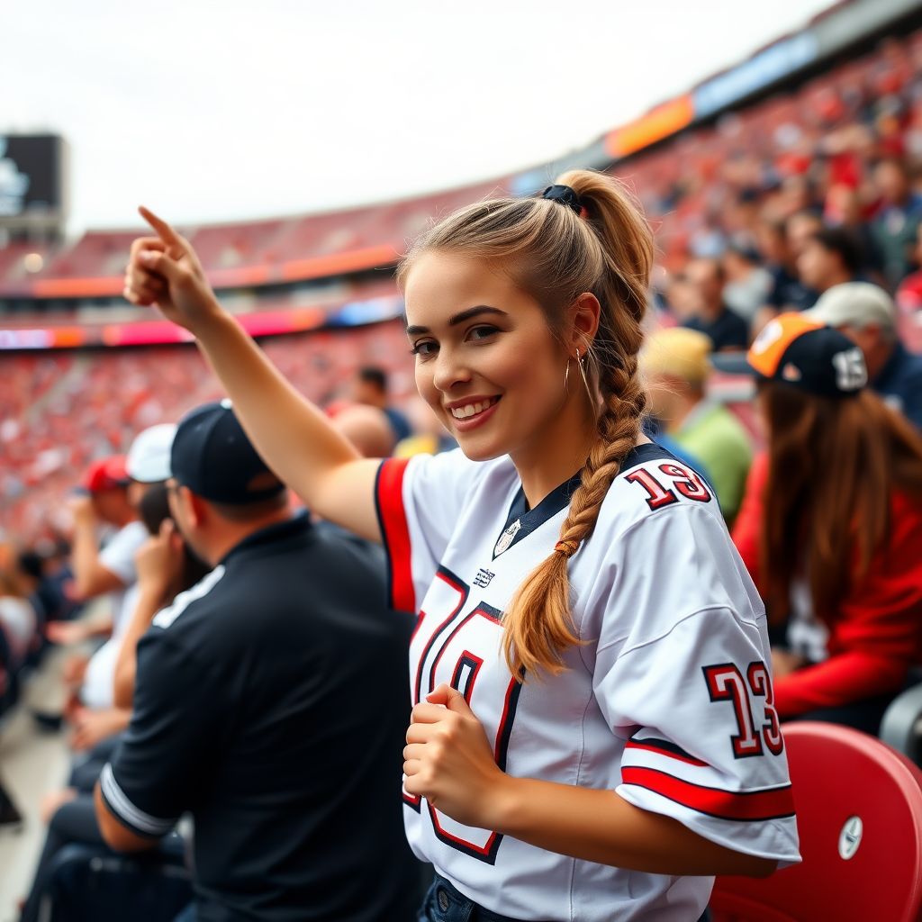 Hot female NFL fan, pigtail hair, wearing jersey, cheering, inside the bleacher crowd, at stadium