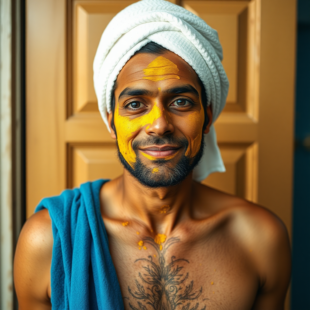 slim, 30 year old, indian wife, towel head, turmeric face mask, opening a door